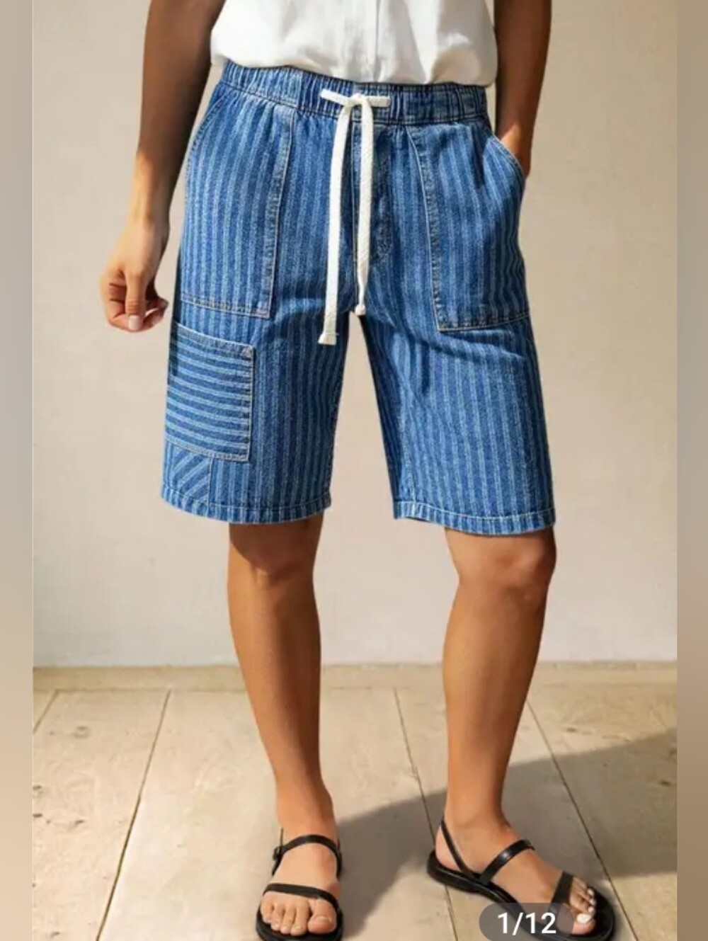 Flamingals Striped Drawstring Elastic High Rise Denim Bermuda Shorts NWT Large
